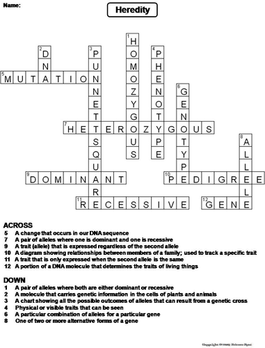 Heredity Crossword Puzzle Teaching Resources