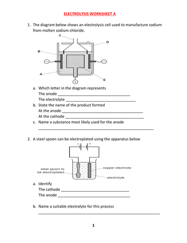 ELECTROLYSIS WORKSHEET A WITH ANSWERS | Teaching Resources