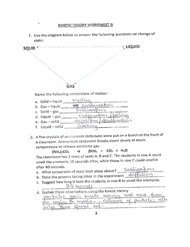 KINETIC THEORY WORKSHEET B WITH ANSWERS | Teaching Resources