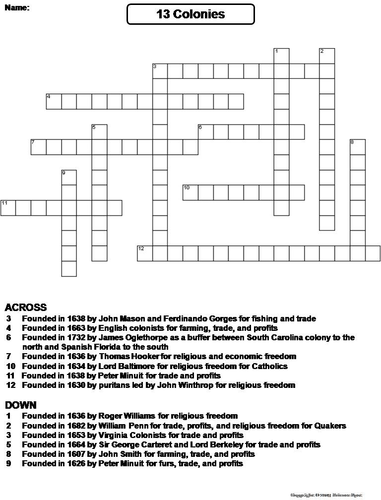 Thirteen Colonies Crossword Puzzle | Teaching Resources