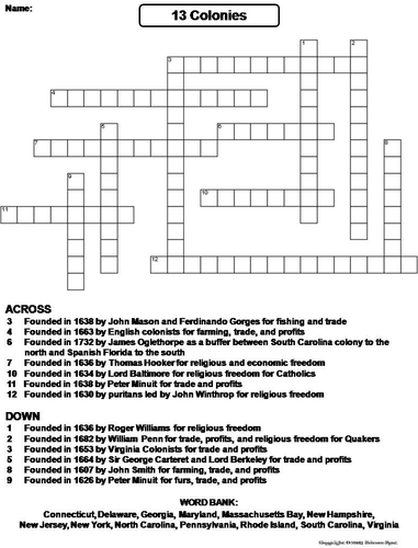 Thirteen Colonies Crossword Puzzle | Teaching Resources