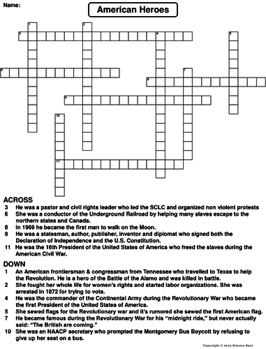 American Heroes Crossword Puzzle Teaching Resources