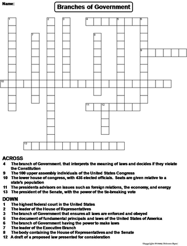 Branches of Government Crossword Puzzle Teaching Resources