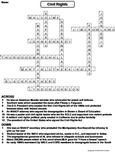 Civil Rights Crossword Puzzle Teaching Resources