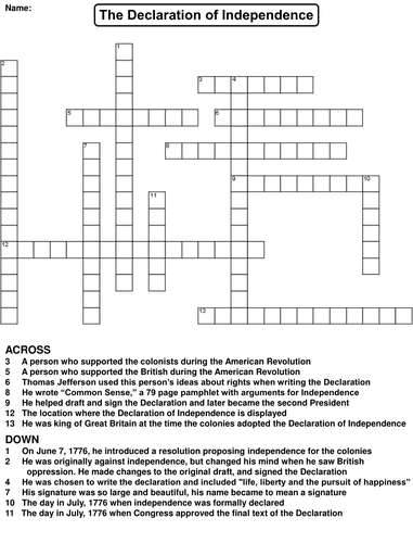 The Declaration of Independence Crossword Puzzle Teaching Resources