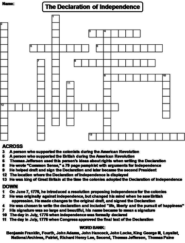 The Declaration of Independence Crossword Puzzle Teaching Resources