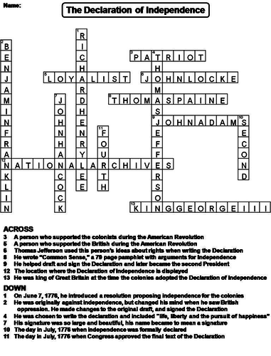 The Declaration of Independence Crossword Puzzle Teaching Resources