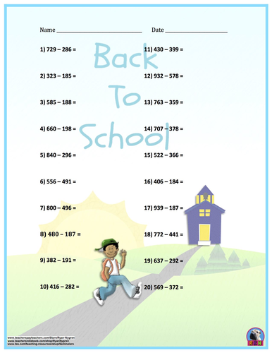 Three Digit Subtraction - Back To School Themed Worksheets - Horizontal ...