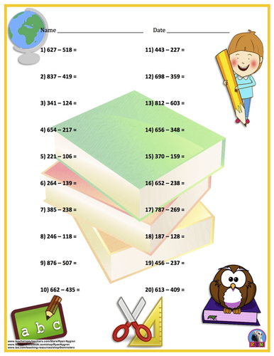 Three Digit Subtraction - Back To School Themed Worksheets - Horizontal ...