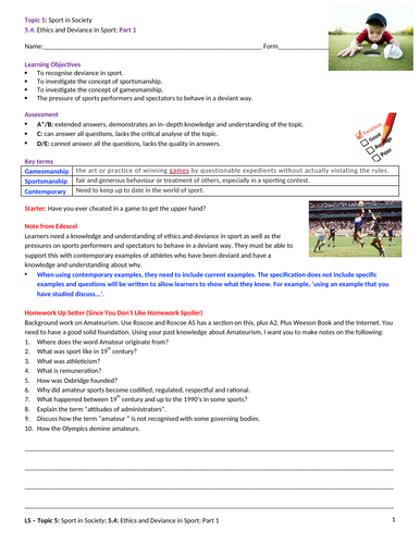 A-Level PE EDEXCEL (spec 2016) 5.4 Ethics and Deviance in Sport: Part 1