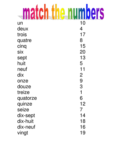 French Match The Number 1 To 20 Teaching Resources