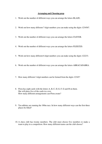 Worksheet on arranging and choosing items