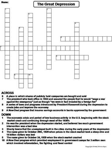 The Great Depression Crossword Puzzle Teaching Resources