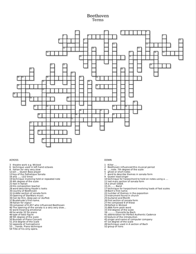 Beethoven Sonata Fact Sheet and Crossword Teaching Resources