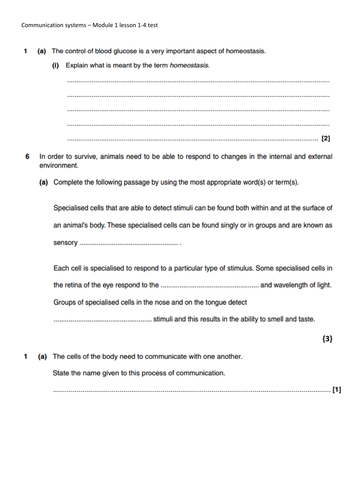 NEW SPEC - A level Biology - Module 5 - Communication - Chapter 1 - lesson 1 -4  test with MS