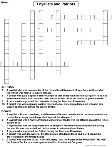 Loyalists and Patriots Crossword Puzzle Teaching Resources
