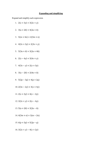 A worksheet with 100 questions on expanding and simplifying