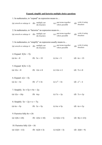 Multiple-choice questions on expanding, simplifying and factorising