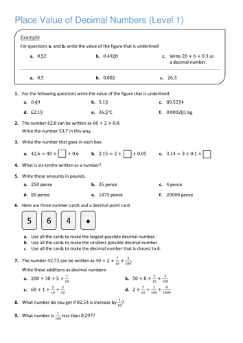 place value of decimal numbers level 1 teaching resources