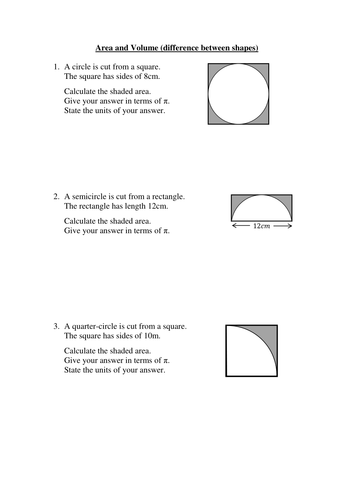 Worksheet on finding the area/volume between two shapes