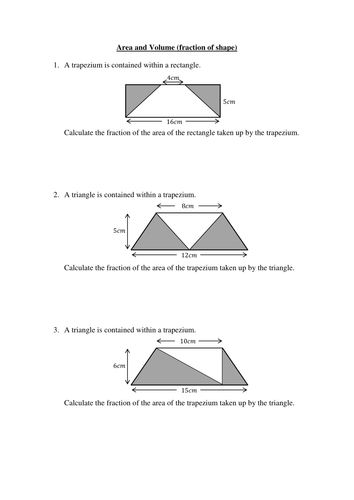 Worksheet on expressing the area/volume of one shape as a fraction of another