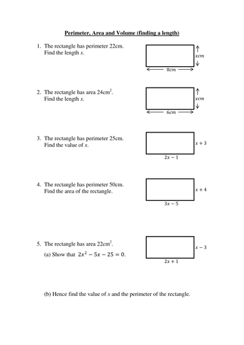 Worksheet on using a shape's perimeter/area/volume to determine the length of one of its sides