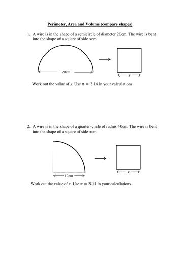 Worksheet on comparing the perimeter/area/volume of two shapes