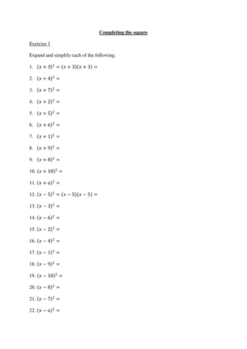 Worksheet to introduce the method for completing the square