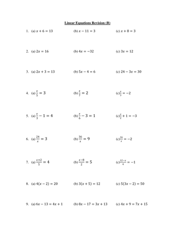 2 revision worksheets on linear equations | Teaching Resources