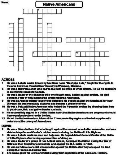 Native Americans Crossword Puzzle Teaching Resources