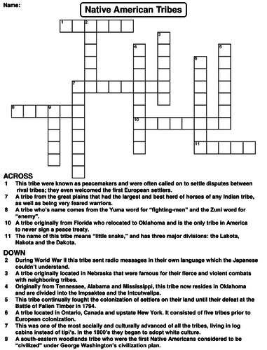 Native American Tribes Crossword Puzzle | Teaching Resources