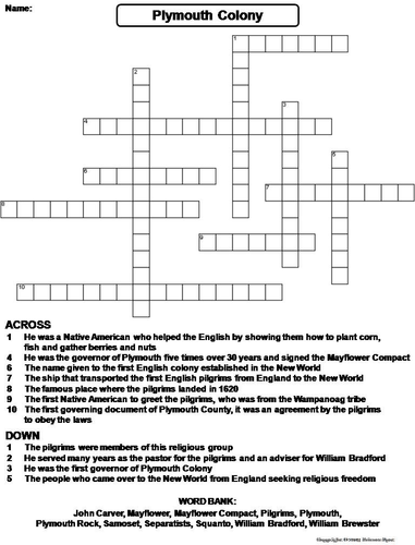 Pilgrims and Plymouth Colony Crossword Puzzle Teaching Resources