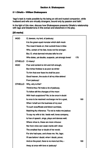 3x 'Othello' sample exam questions for 'Love Through the Ages' A2 ...