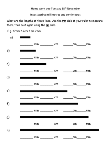 Investigating and converting mm and cm homework.