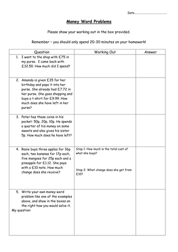 Money word problems homework.