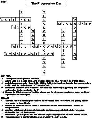 The Progressive Era Crossword Puzzle Teaching Resources