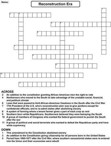 Reconstruction Era Crossword Puzzle Teaching Resources