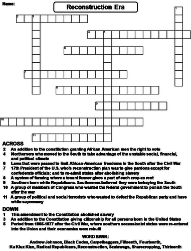 Reconstruction Era Crossword Puzzle Teaching Resources