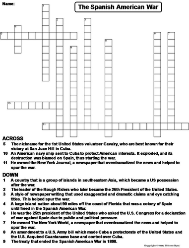 The Spanish American War Crossword Puzzle Teaching Resources