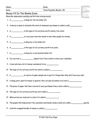 money banking fill in the blanks exam teaching resources