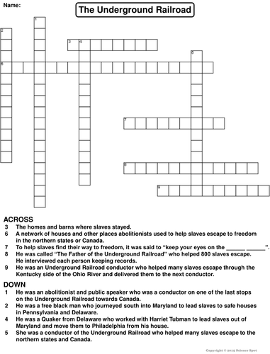 The Underground Railroad Crossword Puzzle Teaching Resources