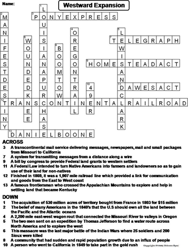 Westward Expansion Crossword Puzzle Teaching Resources