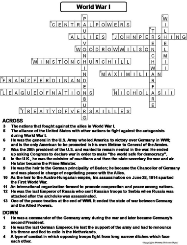 World War I Crossword Puzzle Teaching Resources