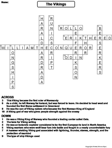 Vikings Crossword Puzzle Teaching Resources