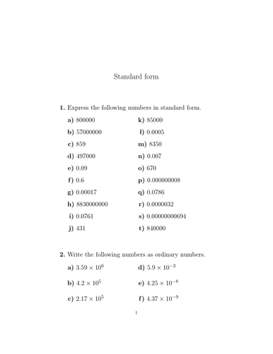 Standard form (worksheet with detailed solutions) | Teaching Resources