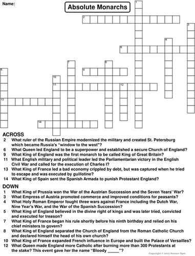 Absolute Monarchs Crossword Puzzle Teaching Resources