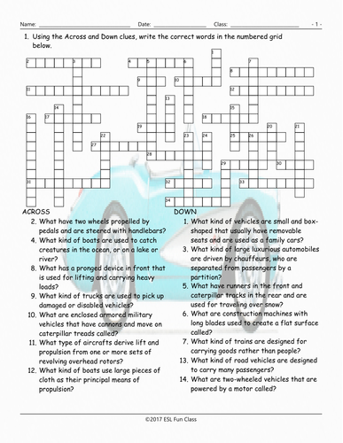 Transportation Vehicles Crossword Puzzle Teaching Resources