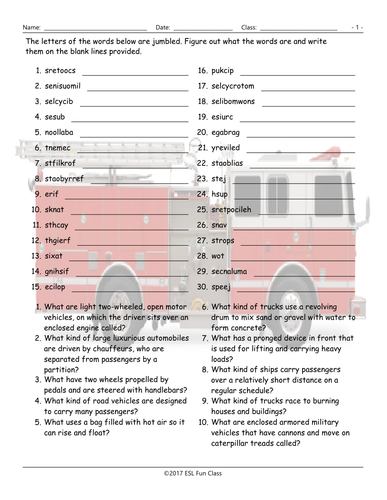 Transportation-Vehicles Jumbled Words Worksheet | Teaching Resources