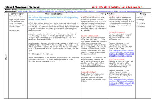 Year 3/4 - Addition and Subtraction Lesson Planning - Spring 2