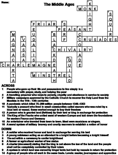 The Middle Ages Crossword Puzzle Teaching Resources